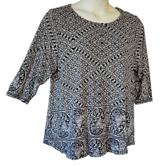 Lucky Brand Top Stretch Modal Tee Navy and White Geometric Paisley Scoop Neck 1X - Picture 1 of 7